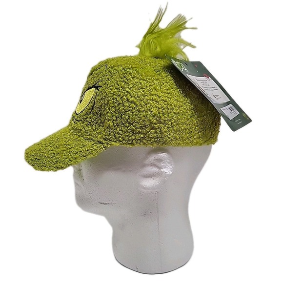 Dr Suess FUZZY The Grinch Hat Adjustable Cap Yellow Green Fuzzy NWT - Picture 2 of 8